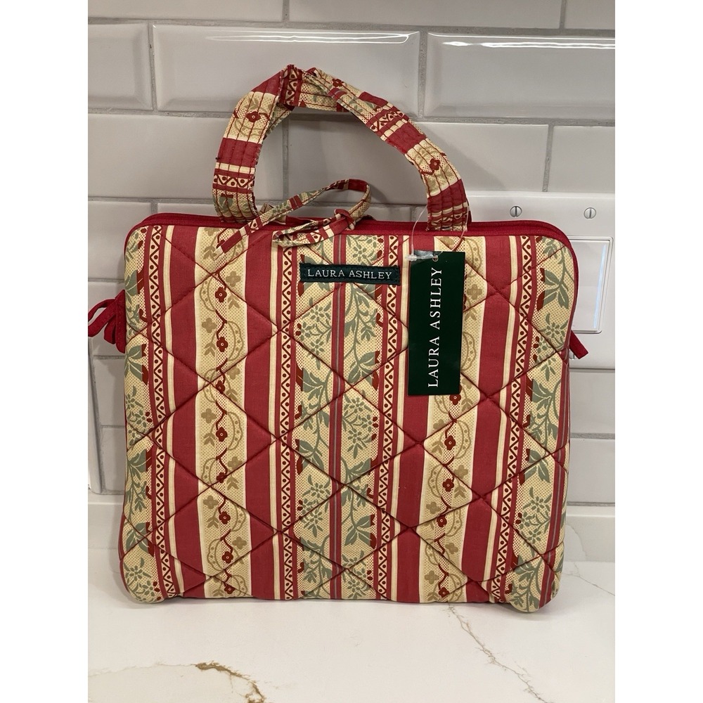Laura Ashley Fold Up Travel Case Bag Tan Red Quilted Zipper Clear Window New